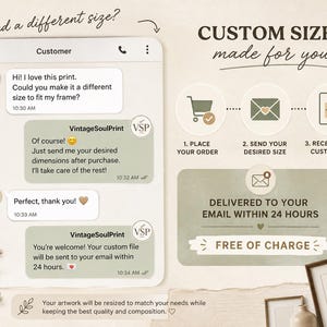 May include: An infographic showing a customer service chat interface with the text Need a different size? and CUSTOM SIZE made for you. It outlines a three-step process for custom file delivery via email, including icons for ordering, messaging, and file receipt.