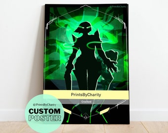 May include: A black and green poster with a silhouette of a person in a green glowing aura. The poster has the text "PrintsByCharity" and "Cracked" on it.