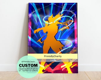May include: Custom poster featuring a stylized orange figure against a vibrant background of blue, purple, and pink hues with lightning bolt effects. The poster includes the text "PrintsByCharity" and "Cracked". A circular sticker reads "CUSTOM POSTER".