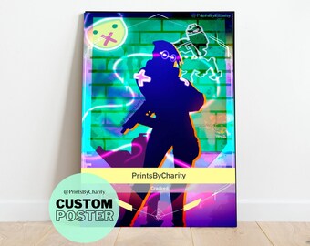 May include: A custom poster featuring a neon-style illustration of a figure with a weapon, set against a backdrop of a brick wall and abstract shapes. The poster includes the text "PrintsByCharity" and "Cracked".