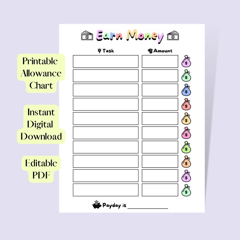 Allowance Chart for Kids Printable Allowance Tracker Chore Etsy Canada