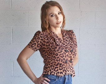 Vintage 50s Leopard Print Blouse Rare Double Breasted Button Up ‘New Look’ Cheetah Animal Print Blouse