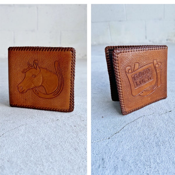 Vintage 60s Hand Tooled Leather Novelty Good Luck Horse Western Bifold Wallet