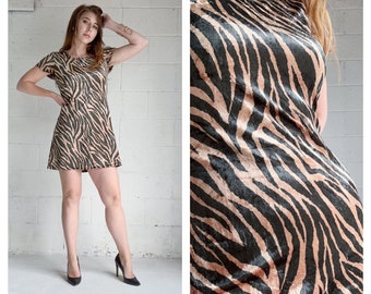 Vintage 1970s Tiger Print Velvet Dress Wild Crushed Velvet Jersey Mini Dress 70’s Party Cocktail Dress