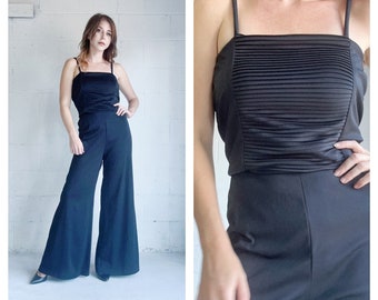 Vintage jaren 1970 Retro Jumpsuit Amazing Black Wide Leg Palazzo Broekpak