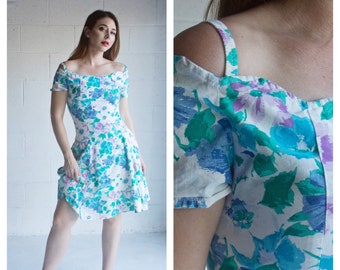 SALE Vintage 80s Floral Dress  Blue Floral Print  Fit and Flare Off the Shoulder Cotton Sun Dress