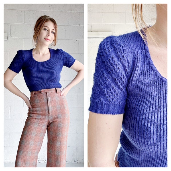 Vintage 70s Sweater Blouse Capsule Wardrobe Cobalt Blue Ribbed Knit Pointel Lace Pullover Sweater Basic Blouse