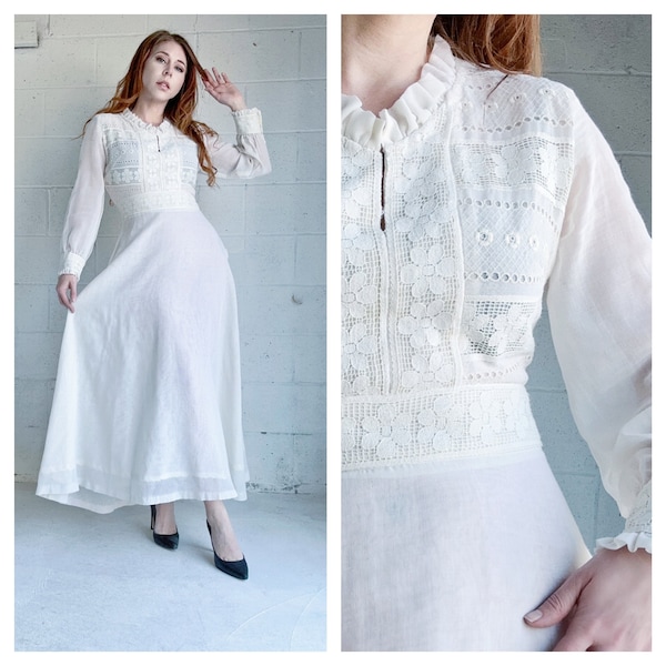 Vintage 70s Boho Wedding Dress Off white Lace Edwardian Style Maxi Dress 70s Mexican Wedding Gown Size: S