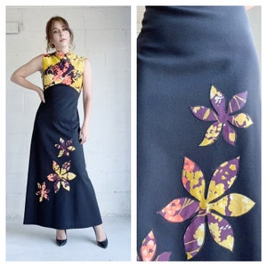 Vintage 1970s Psychedelic Maxi Dress Bohemia Black And Yellow Party Dress