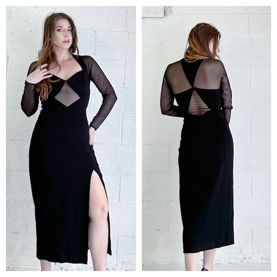 Vintage 80s Sexy Tadashi Black Bodycon Dress with… - image 1