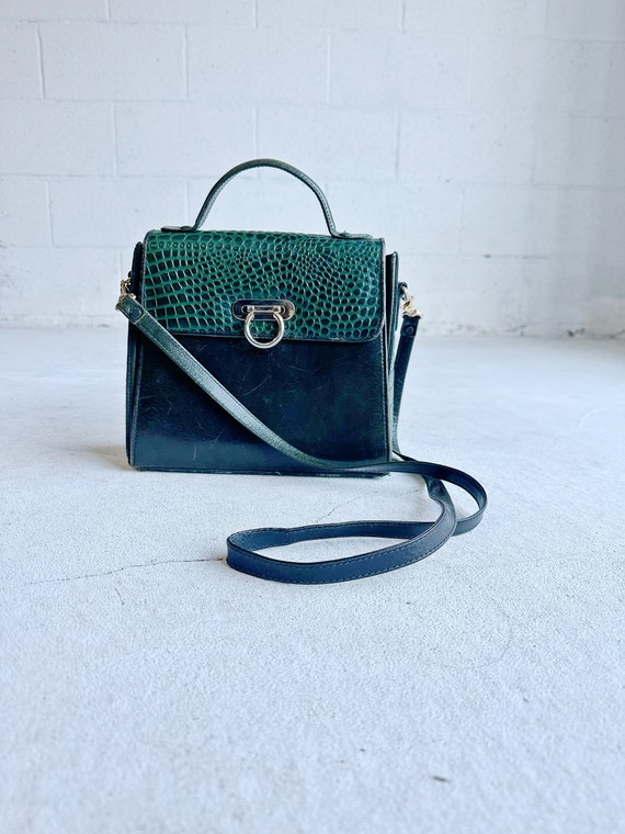 Vintage 70s Green Alligator Leather Shoulder Bag P