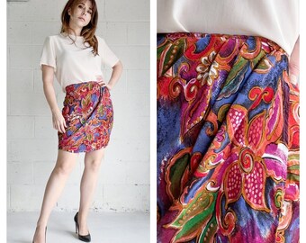 Vintage 80s Mini Skirt Retro Floral Faux Wrap Pencil Skirt
