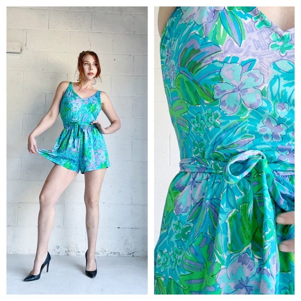 Vintage 70s Playsuit Romper Swimsuit with shorts One Piece Bathing Suit Size:M