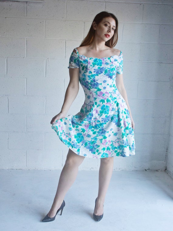 SALE Vintage 80s Floral Dress  Blue Floral Print … - image 2