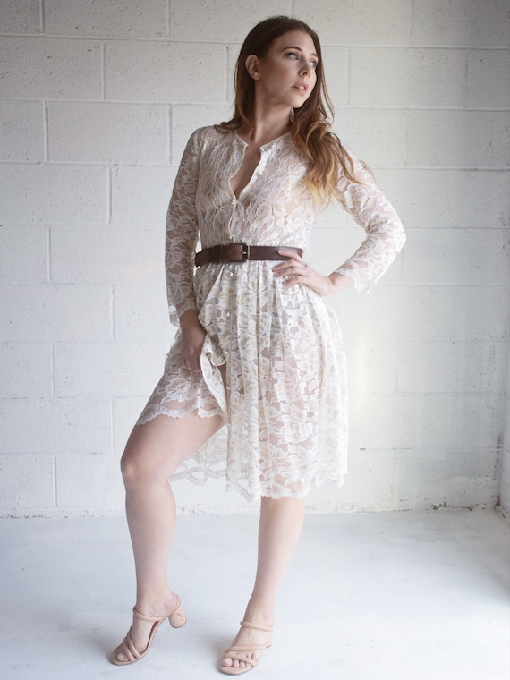 Vintage 1970s White Lace Dress Sheer White and Go… - image 1