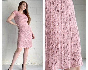 Vintage 1960s Crocheted Dress Rare Hand Knit Pink Lace Party Dress