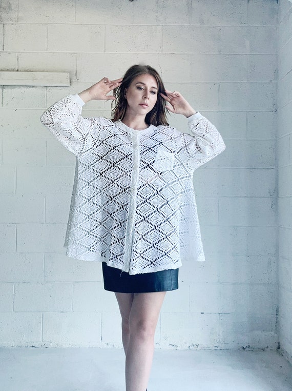 Vintage 1980s Crocheted Lace Shirt Oversized Whit… - image 2