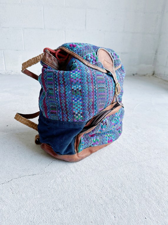 Vintage 1970s Leather Backpack Batik Woven Patchw… - image 1