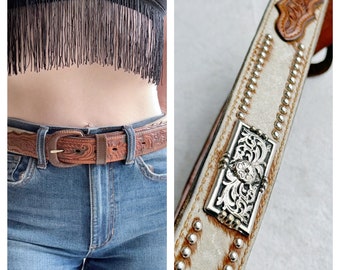Vintage Tooled Leather Belt Western 70s Hand Tooled Studded Leather Belt Size: Large