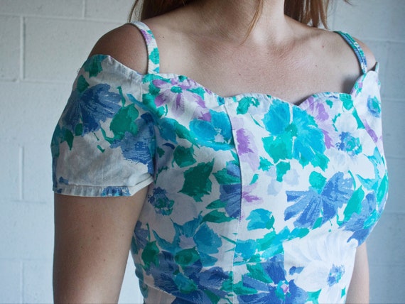 SALE Vintage 80s Floral Dress  Blue Floral Print … - image 5