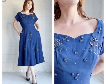 Robe de soirée bleu foncé en lin Old Hollywood vintage des années 40 Taille : S