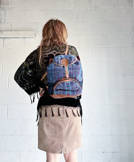 Vintage 1970s Leather Backpack Batik Woven Patchw… - image 2
