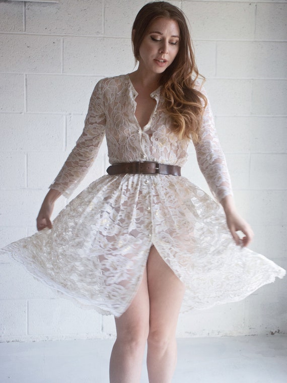 Vintage 1970s White Lace Dress Sheer White and Go… - image 2