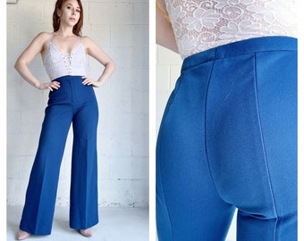 Vintage 70s High Rise Flared Pants Navy Blue Nautical Retro Flared Suit Trousers 29W