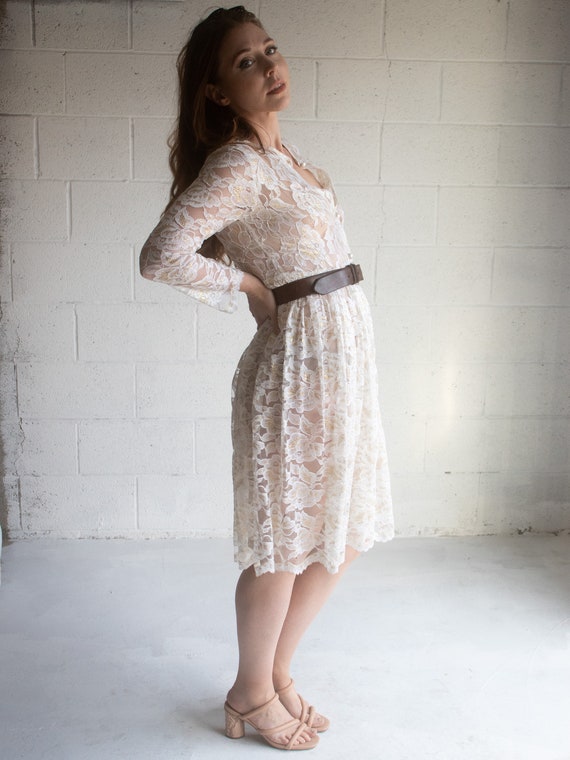 Vintage 1970s White Lace Dress Sheer White and Go… - image 6