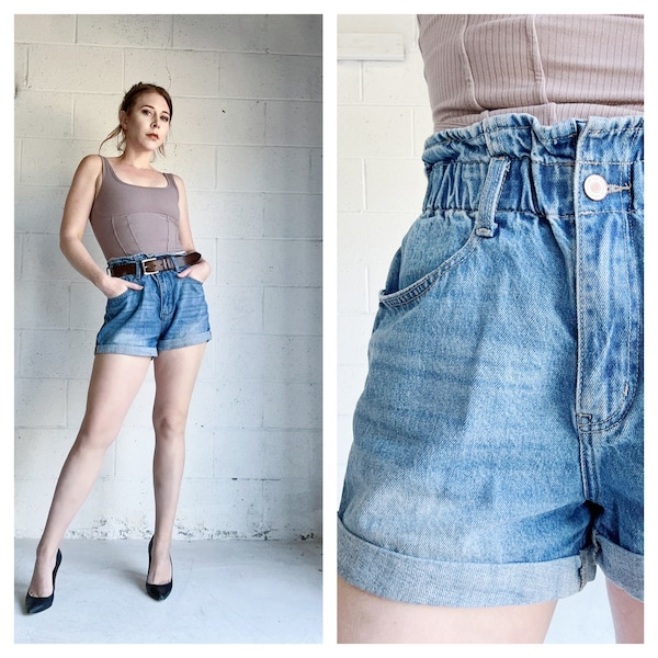 Vintage Y2K Denim Shorts Ultra High Rise Paper Bag Waist Denim Jean Shorts Size:S