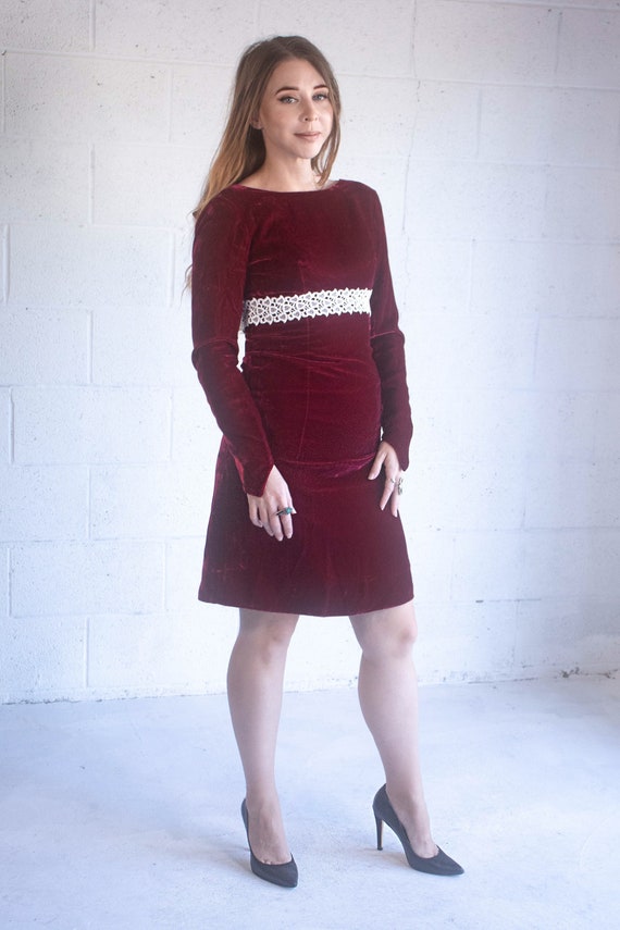 Vintage 1960s Rich Red Velvet Mod Mini Dress Part… - image 1