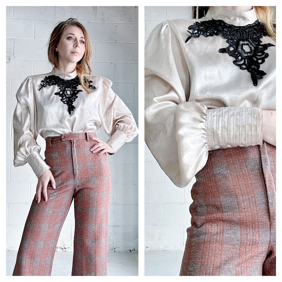 Vintage 70s Edwardian Shirt Silk Western Prairie Lace Victorian Style Top Cottage Core Blouse
