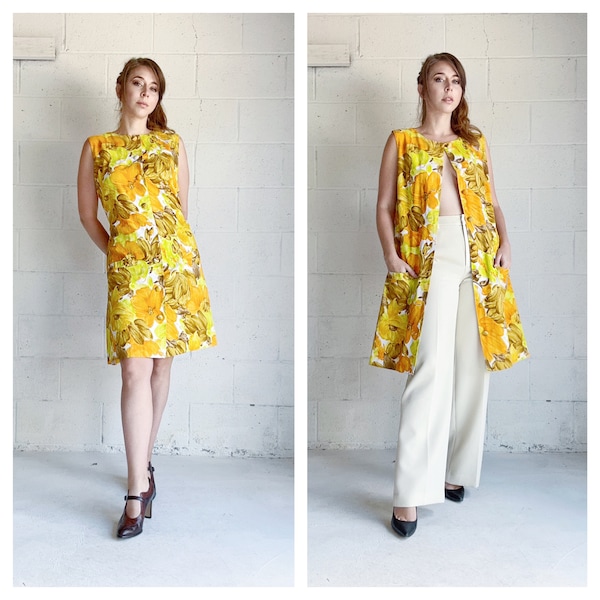 Vintage 1960s Mod Yellow Floral Cotton Button Up Shift Dress Or Long Vest