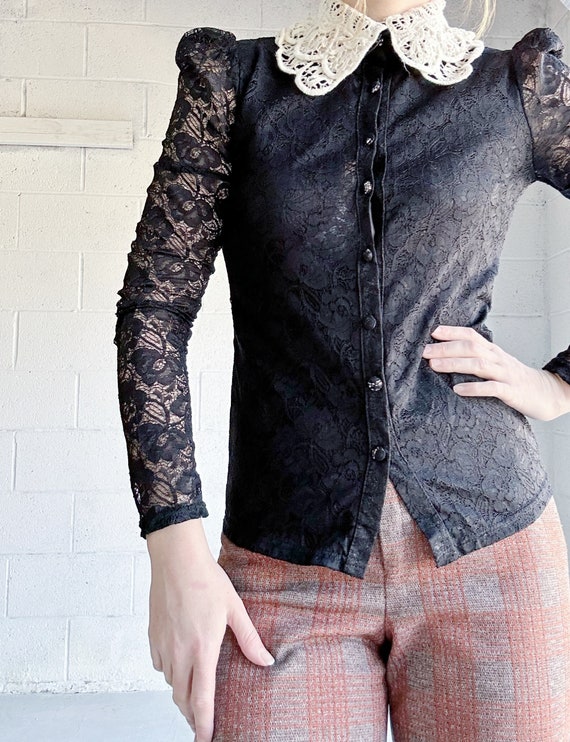 Vintage 70s Edwardian Black Lace High Collared Vi… - image 5