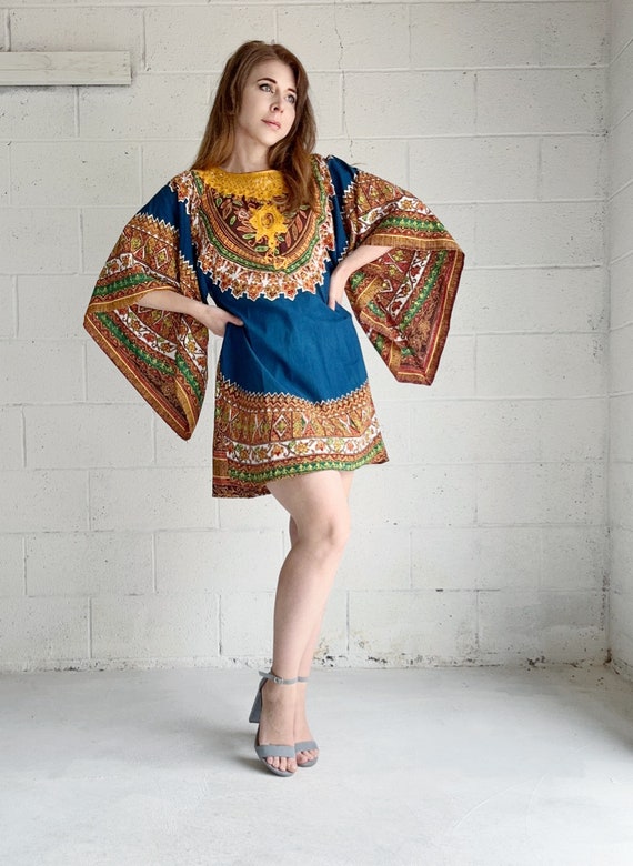 Vintage 70s Embroidered Angel Sleeves Kaftan Cott… - image 2