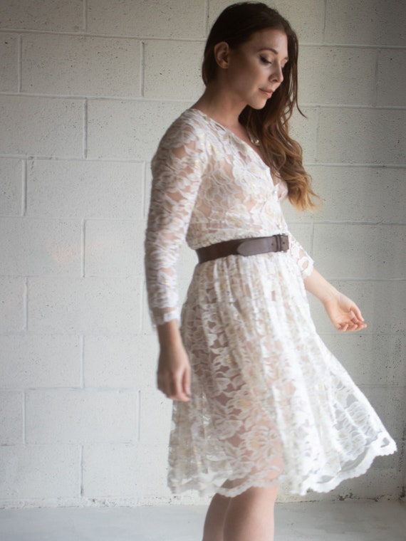 Vintage 1970s White Lace Dress Sheer White and Go… - image 5