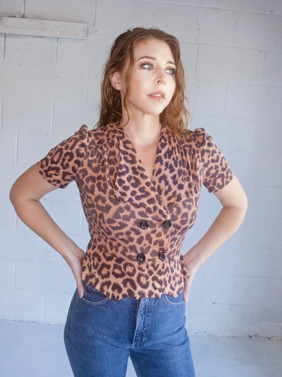 Vintage 50s Leopard Print Blouse Rare Double Brea… - image 2