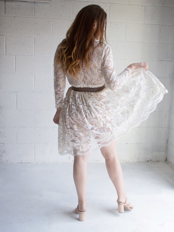 Vintage 1970s White Lace Dress Sheer White and Go… - image 3