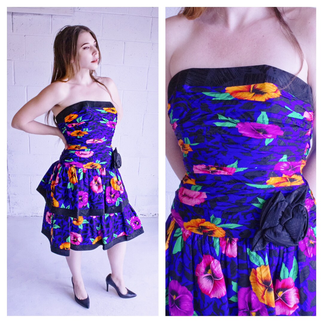 Vintage 1980s SILK Blue Floral Print Strapless Party Dress Xxs Etsy