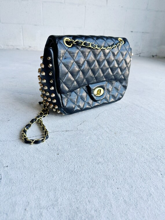 Vintage 80s Studded Leather Purse Black Quilted Le