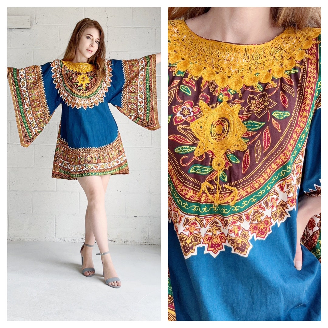 Vintage 70s Embroidered Angel Sleeves Kaftan Cotton Boho Mini Dress - Etsy