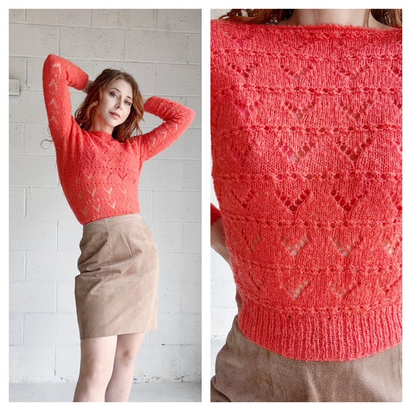 FLASH SALE Vintage 70s Crochet Sweater Bold Coral Orange Knit Lace Handmade Blouse  Pointel Lace Sweater Size: xS/S