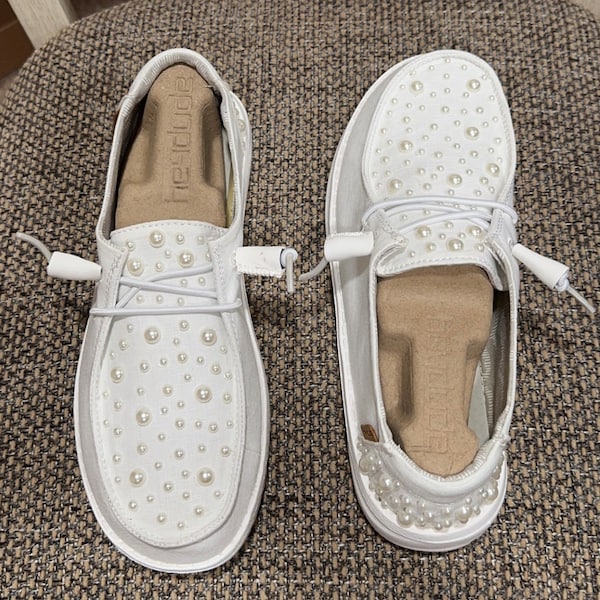 Women’s White bedazzled Pearl Hey Dude Shoes