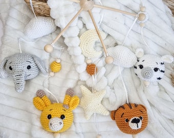 Crochet Safari Baby Mobile, Animals: Zebra, Giraffe, Tiger and Elephant