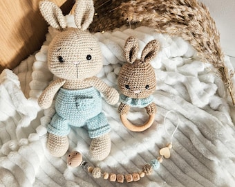 Hase Geschenkset Schnullerkette Kuschelhase Greifling gehäkelt