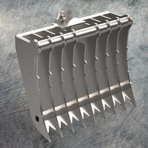 Puede incluir: Un accesorio de garra de metal plateado para un tractor de orugas o un tractor. La garra tiene múltiples dientes y una mandíbula articulada.