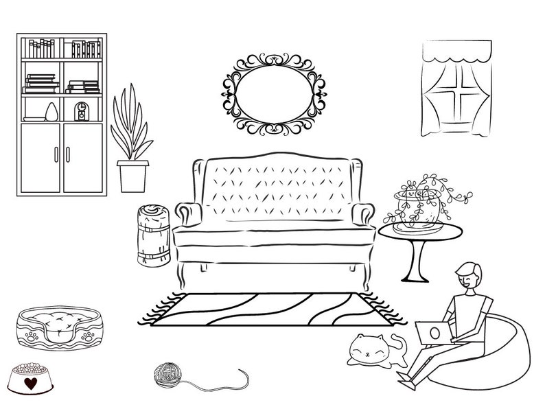 Printable Living Room Interior Coloring Page Designs (Instant Download