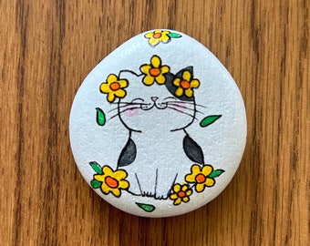 Cat and flowers painted rock, floral rock, garden rock, gift for child, cute cat, painted stone, hand painted gift, pocket pet, new cat gift