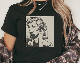 Woman on the phone shirt, comic woman with dial phone, vintage woman on phone, black and white vintage woman t-shirt, pop art style tee