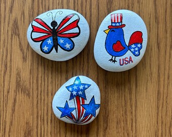 Patriotic Hand Painted Rocks, 4th of July stone, Red White and Blue decor, Fourth of July, Memorial Day, Veteran's Day, garden rock art